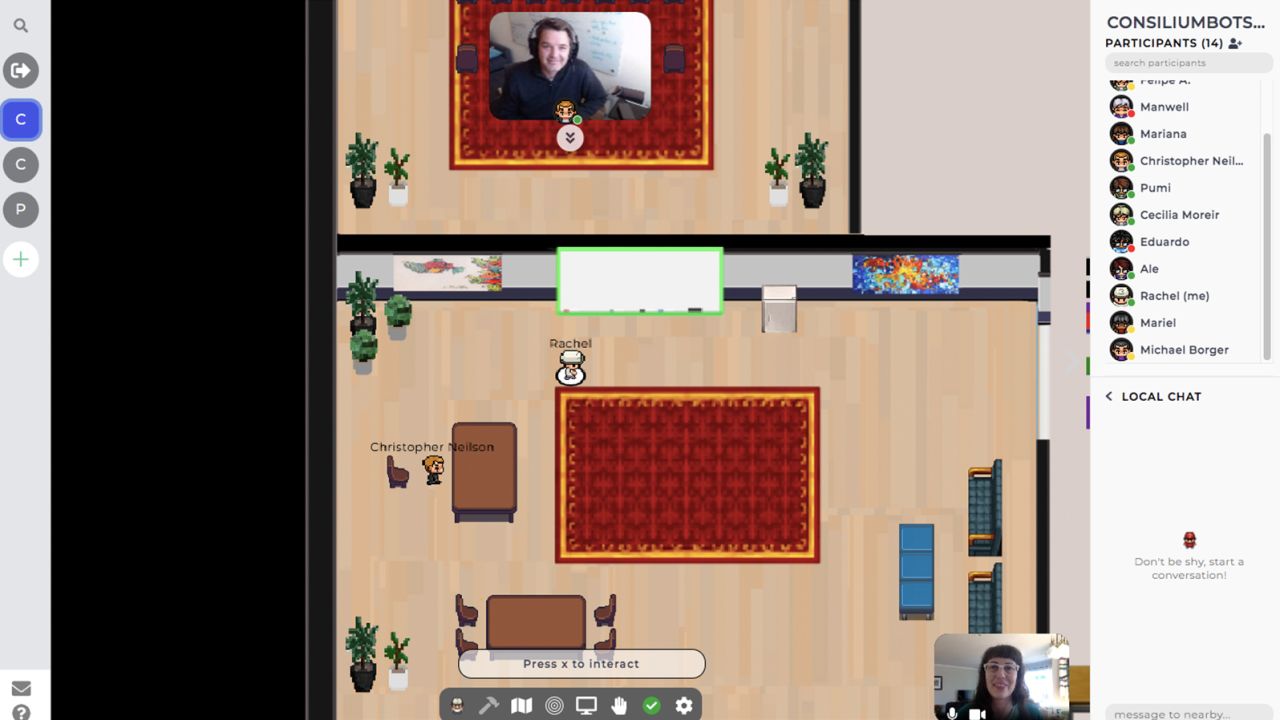 Chris Neilson shows off the ConsiliumBots virtual office on Gather, which combines elements of retro video games with video chat.