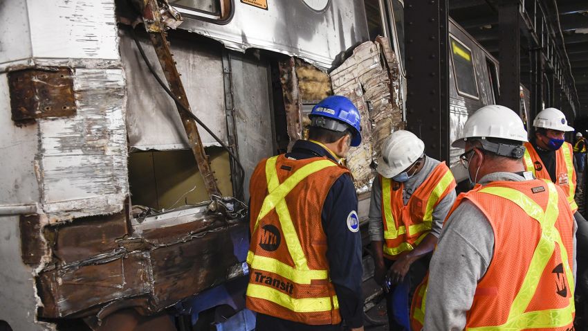 A train derailed on a subway platform in Manhattan Sunday. No passengers were injured.