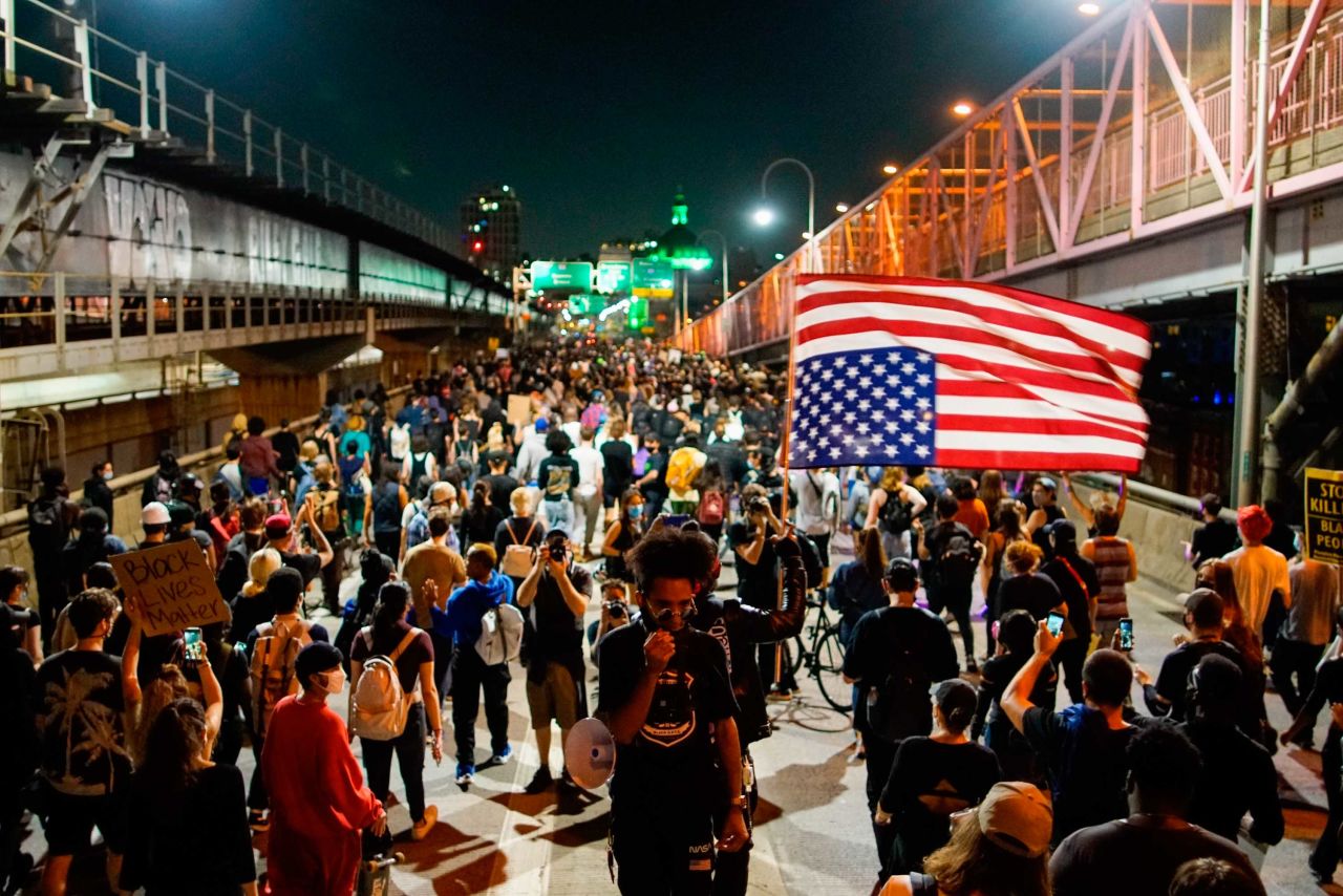 Demonstrators march on the Williamsburg Bridge in New York.