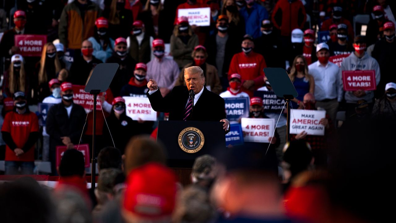 President Donald Trump speaks to supporters during a rally at the Bemidji Regional Airport on September 18, 2020 in Bemidji, Minnesota. Trump and challenger, Democratic presidential nominee and former Vice President Joe Biden, are both campaigning in Minnesota today. (Photo by Stephen Maturen/Getty Images)