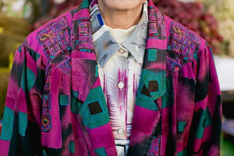 A close-up of San Francisco resident Feng Luen Feng's bold, grape-colored patterned jacket, which she's had for over 20 years.