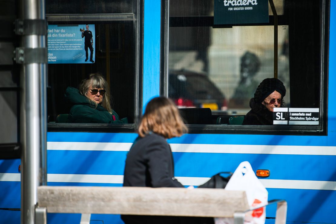 Commuters in Stockholm on April 1. Sweden has not advised the public to wear masks on public transport.