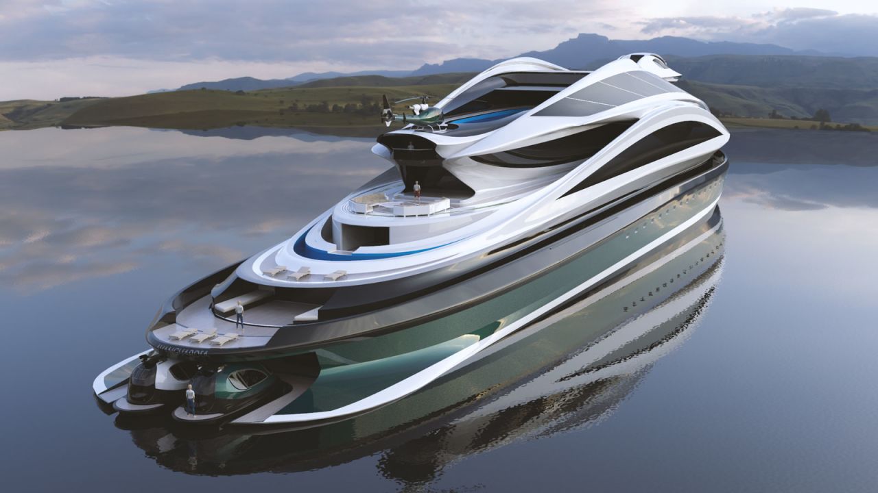A rendering of Avanguardia, a new megayacht concept from the Lazzarini Design Studio that looks like a swan.