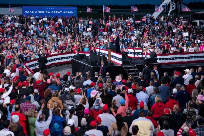 Trump speaks during a campaign rally at Fayetteville Regional Airport.