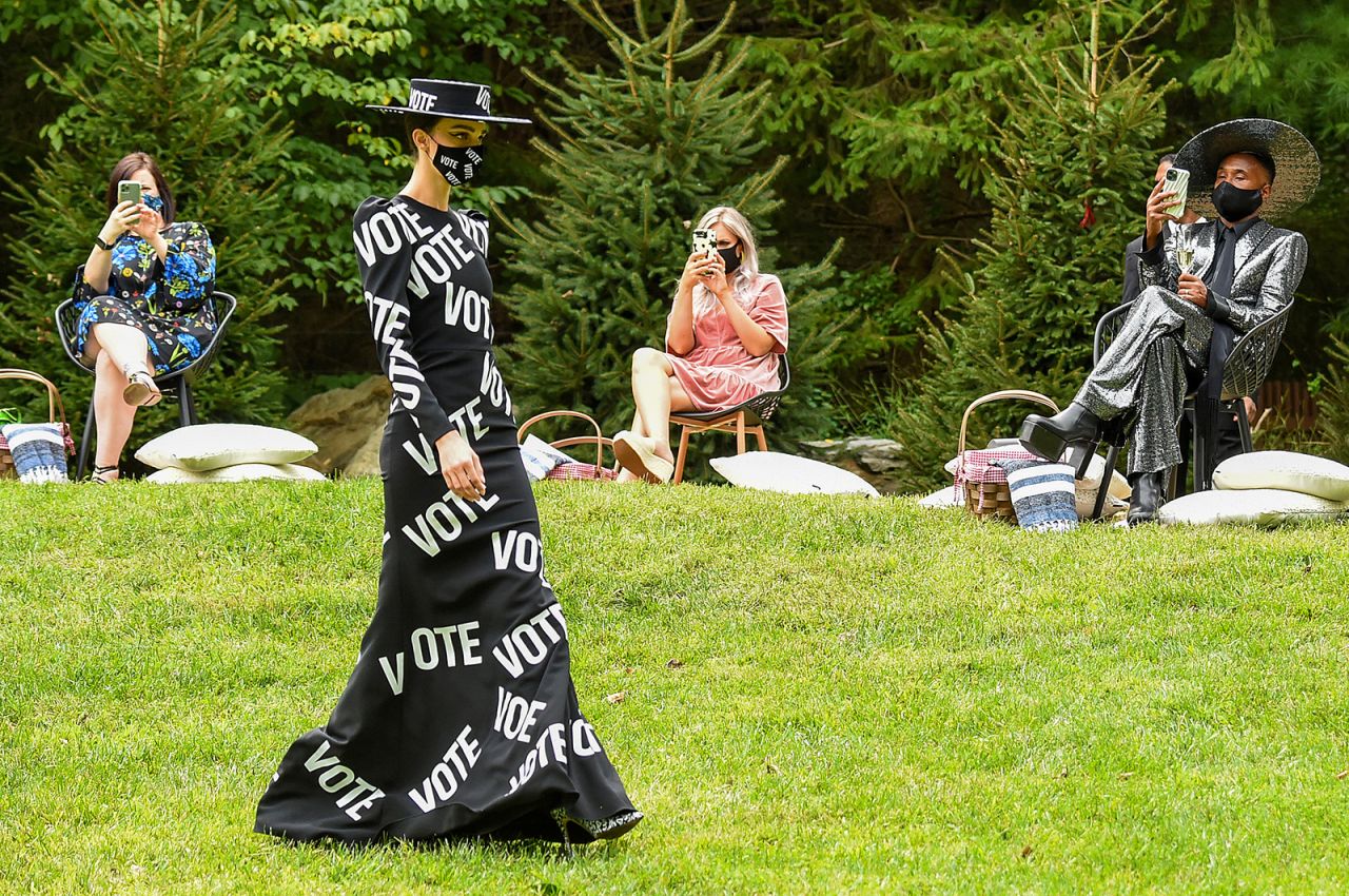 A model walks the runway during a Christian Siriano fashion show in Westport, Connecticut, on September 17.