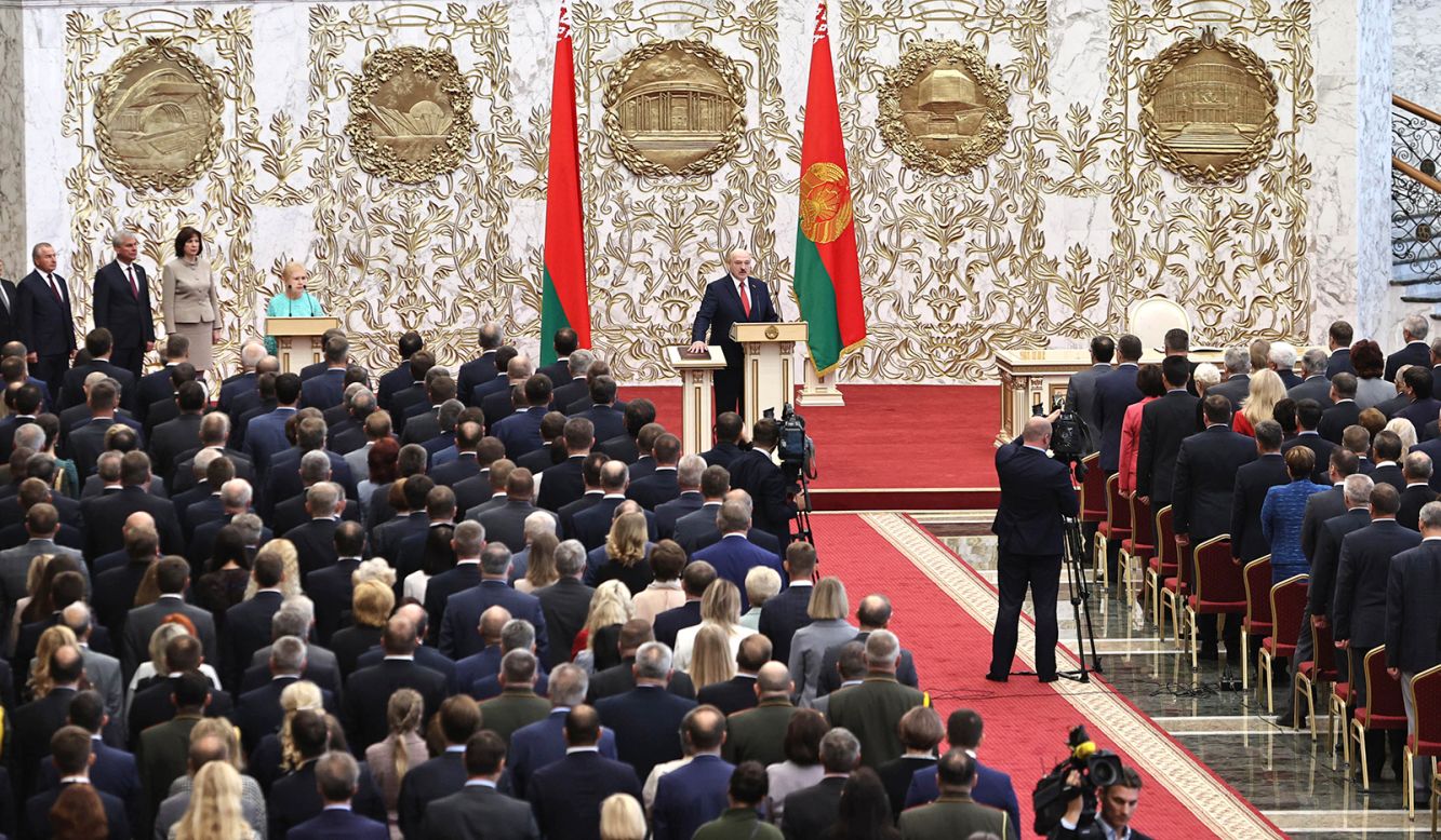 <a href="https://www.cnn.com/2020/09/23/europe/alexander-lukashenko-inaugurated-belarus-intl/index.html" target="_blank">Belarusian leader Alexander Lukashenko</a> takes his presidential oath of office during his inauguration ceremony at the Palace of the Independence in Minsk on Wednesday, September 23, as protests continue over his hotly disputed election win. Lukashenko was declared the landslide winner of the vote in August, but critics have publicly accused him of rigging the poll, and the EU says he is not the legitimate Belarus president. 
