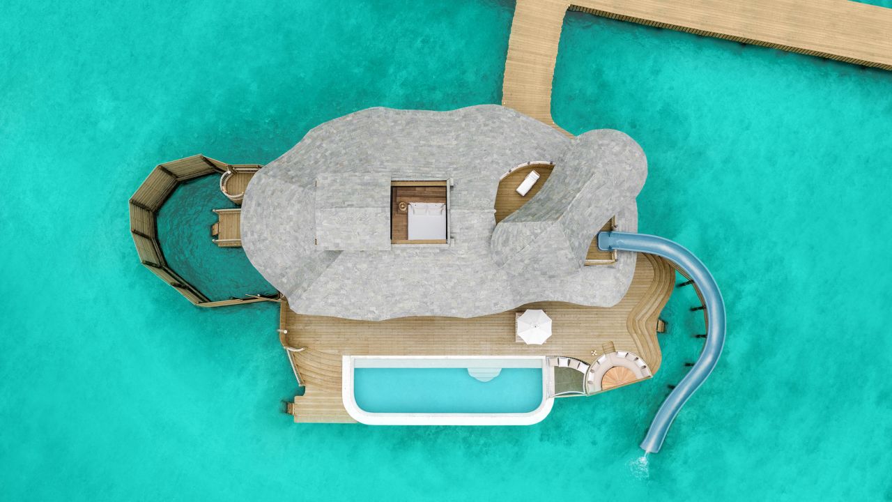 An aerial view of one of Soneva Fushi's new overwater pool villas.  