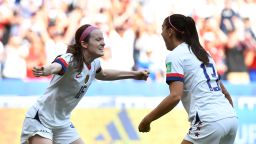 United States' midfielder Rose Lavelle (L) celebrate scoring the 2-0 goal with her teammate United States' forward Alex Morgan during the France 2019 Womens World Cup football final match between USA and the Netherlands, on July 7, 2019, at the Lyon Stadium in Lyon, central-eastern France. (Photo by Philippe DESMAZES / AFP)        (Photo credit should read PHILIPPE DESMAZES/AFP via Getty Images)