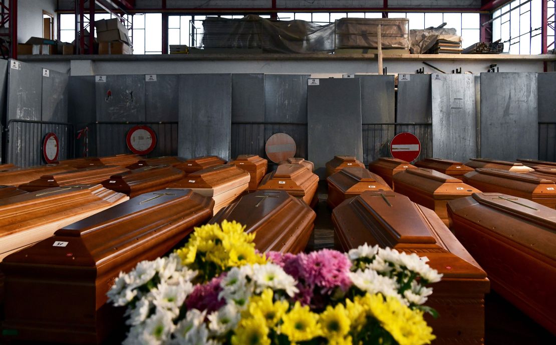 A general view shows some of 35 coffins of deceased people stored in a warehouse in Ponte San Pietro, near Bergamo, Lombardy, on March 26, 2020, before being taken to another region to be cremated during the country's lockdown.