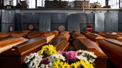 A general view shows some of 35 coffins of deceased people stored in a warehouse in Ponte San Pietro, near Bergamo, Lombardy, on March 26, 2020, before being taken to another region to be cremated during the country's lockdown.