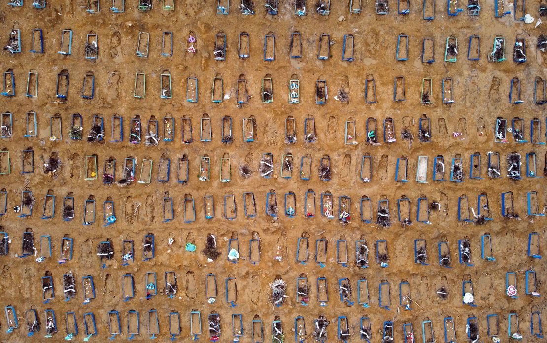 Aerial view of an area at the Nossa Senhora Aparecida cemetery where graves has been dug in Manaus in May 2020.