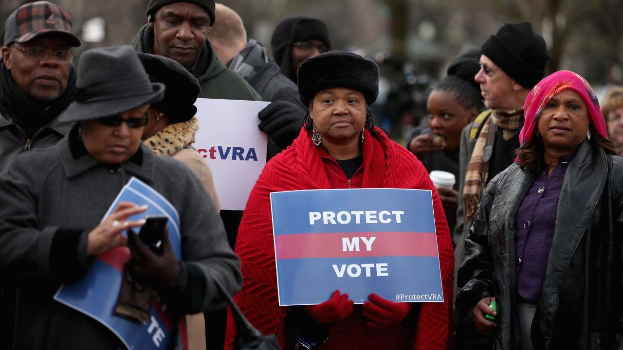 Alabama residents pictured standing in line outside the U.S. Supreme Court for the chance to hear oral arguments in Shelby County v. Holder on February 27, 2013 in Washington, DC. In this case, the Supreme Court struck down a provision of the landmark Voting Rights Act that required certain states and localities with a history of racial discrimination to first get federal approval of any changes to voting laws and practices before they took effect.(Credit: Chip Somodevilla/Getty Images)