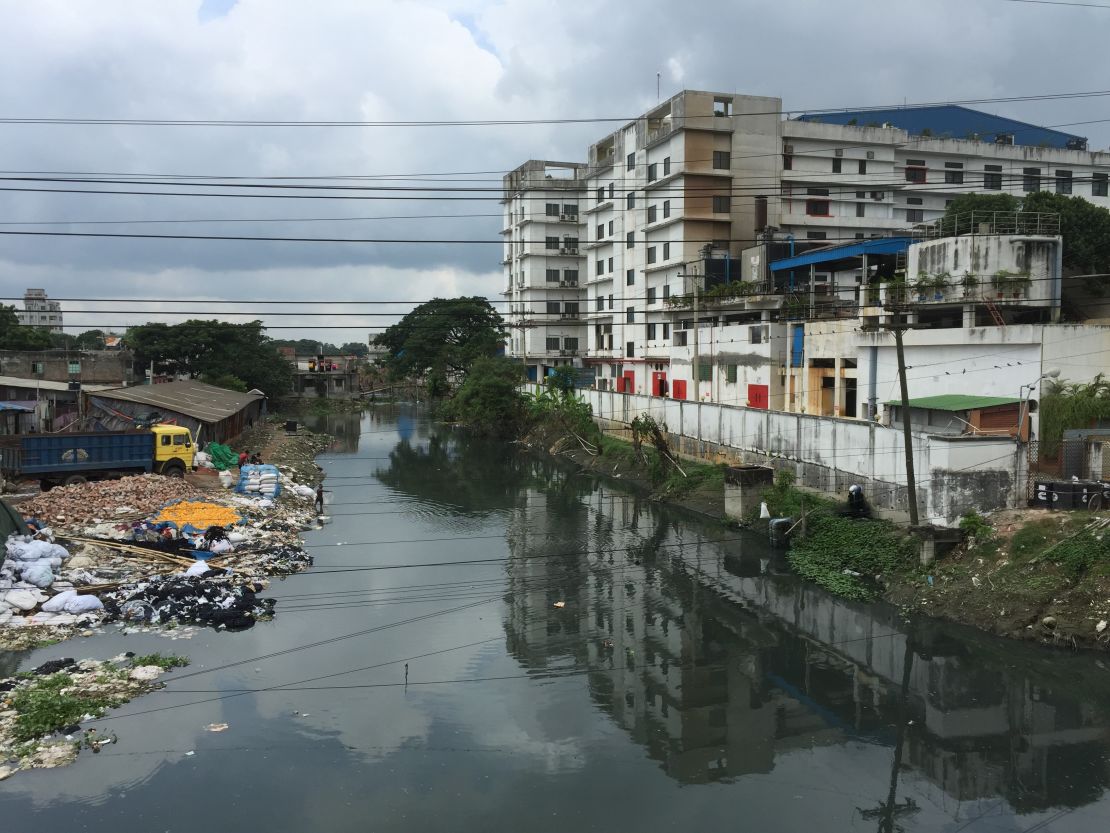 Black water runs through the manufacturing district of Savar, in the Bangladesh capital Dhaka.