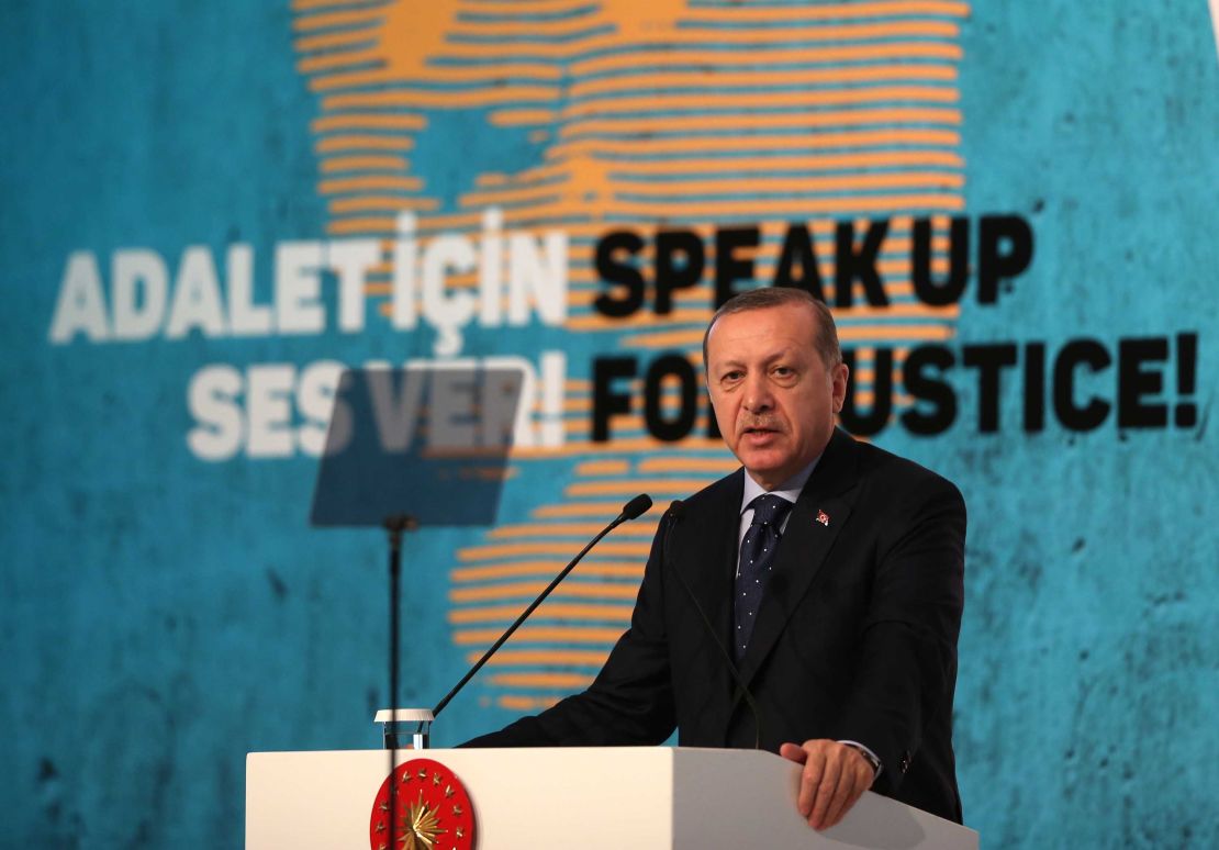 President of Turkey, Recep Tayyip Erdogan gives a speech during 2nd International Women and Justice Summit, organized by KADEM (Turkish acronym for "Women and Democracy Association")  at WOW Convention Center in Istanbul, Turkey on November 25, 2016. 
