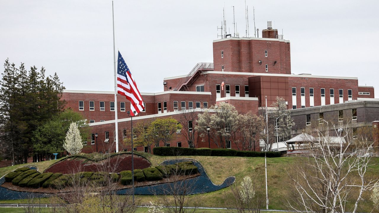 An American flag flies at half-mast outside the Holyoke Soldiers' Home on April 29, 2020, in Holyoke, Massachusetts.