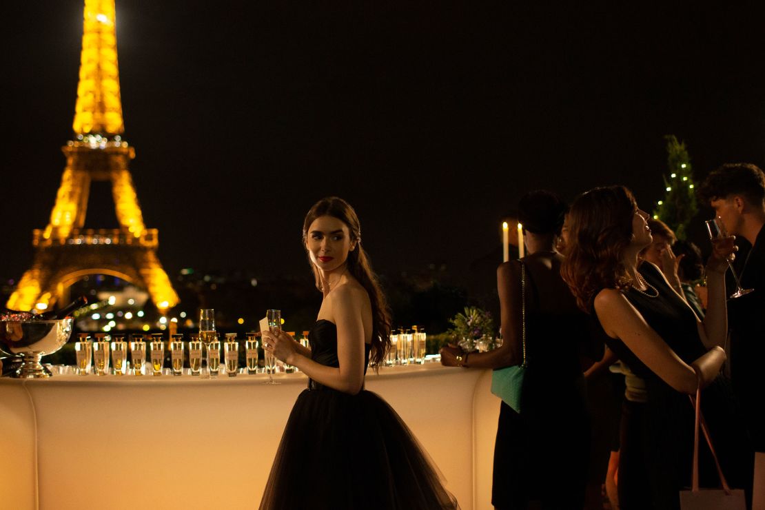 Lily Collins in 'Emily in Paris,' a Netflix series that received a pair of Golden Globe nominations (Carole Bethuel/Netflix).