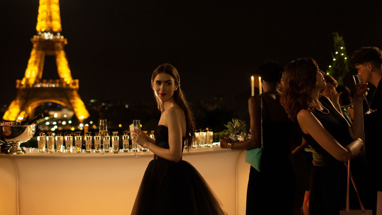 Lily Collins in 'Emily in Paris,' a Netflix series that received a pair of Golden Globe nominations (Carole Bethuel/Netflix).