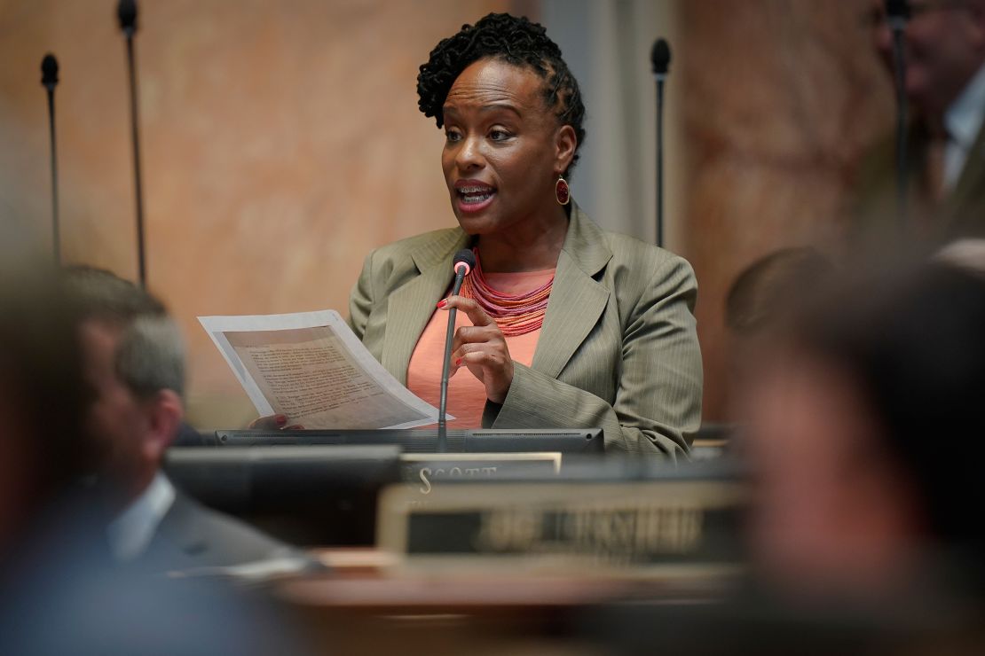 Kentucky Democratic State Representative Attica Scott speaks on the floor of the House of Representatives at the Capitol in Frankfort, Ky., Wednesday, March 2, 2020.