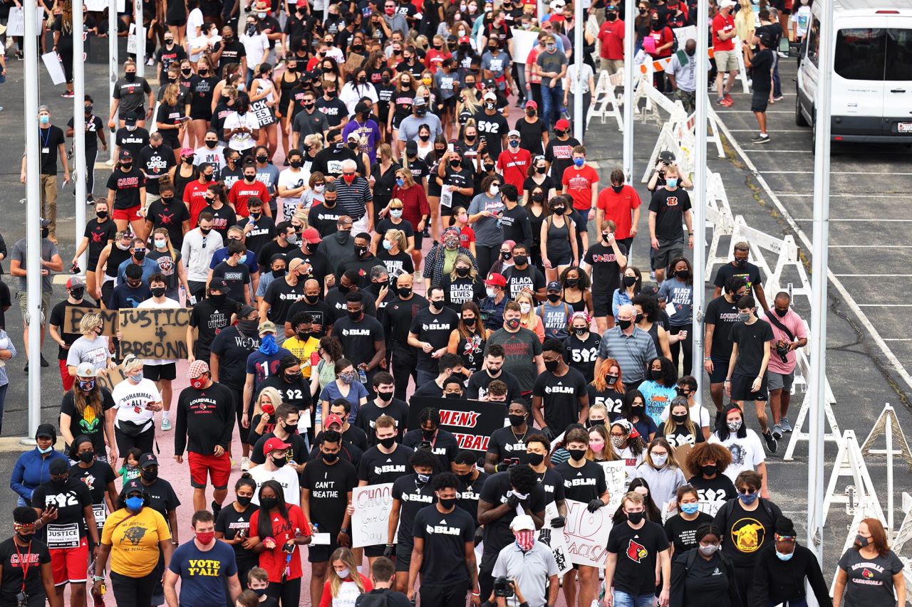 The University of Louisville men's basketball team leads a march calling for justice for Breonna Taylor in Louisville, Kentucky, on Friday, September 25.