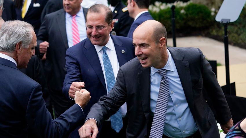 From right, Labor Secretary Eugene Scalia, Health and Human Services Secretary Alex Azar and former New Jersey Gov. Chris Christie greet people after President Donald Trump announced Judge Amy Coney Barrett as his nominee to the Supreme Court, in the Rose Garden at the White House, Saturday, Sept. 26, 2020, in Washington. (AP Photo/Alex Brandon)