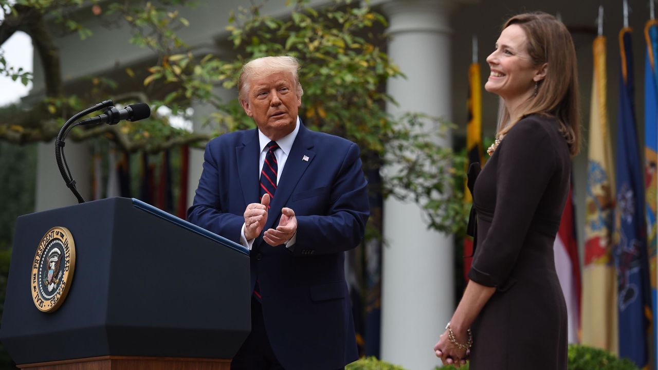 US President Donald Trump announces his US Supreme Court nominee, Judge Amy Coney Barrett (R), in the Rose Garden of the White House in Washington, DC on September 26, 2020.