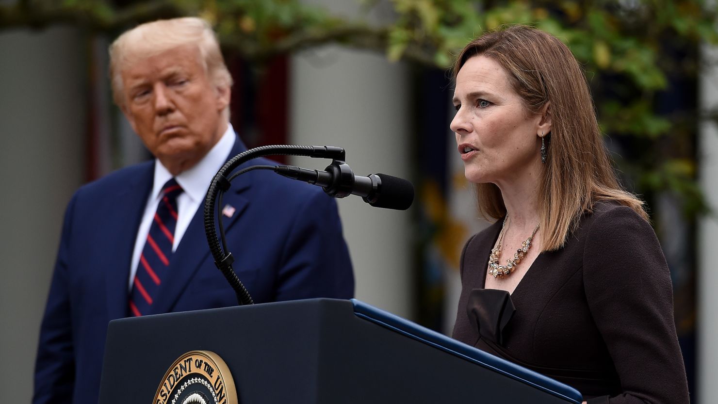 Judge Amy Coney Barrett speaks after being nominated to the US Supreme Court by President Donald Trump in the Rose Garden of the White House in Washington, DC on September 26, 2020. (Photo by OLIVIER DOULIERY/AFP via Getty Images)