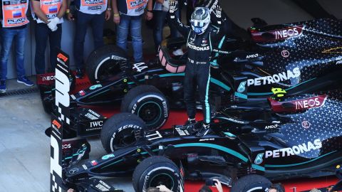 Bottas celebrates after winning the Russian GP.