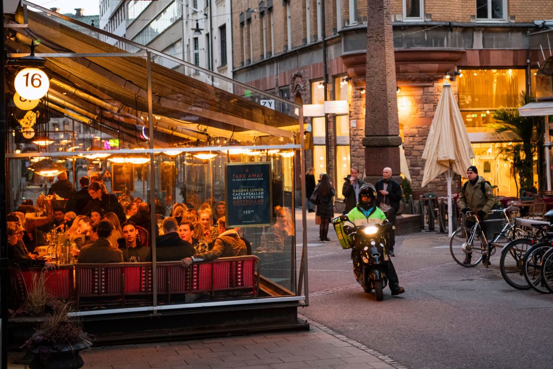 People dining in Stockholm on March 27. Sweden kept restaurants open as much of Europe went into lockdown. 