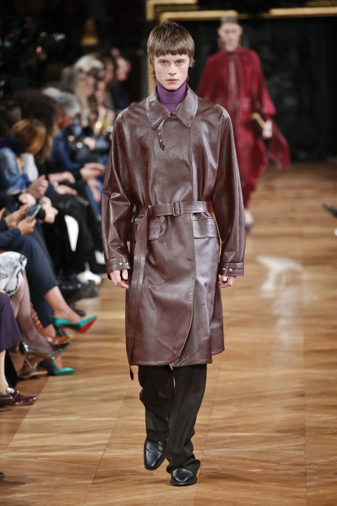 A model wearing a vegan leather jacket walks the Stella McCartney runway as part of Paris Fashion Week in March 2020.