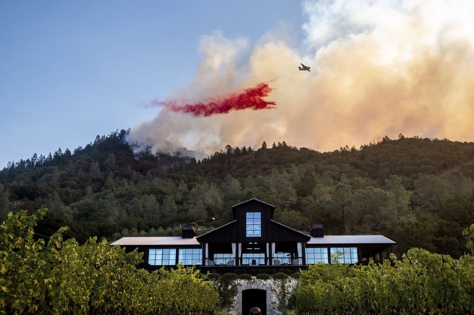An air tanker drops fire retardant on the Glass Fire, which was burning near the Davis Estates winery in Calistoga on September 27, 2020.