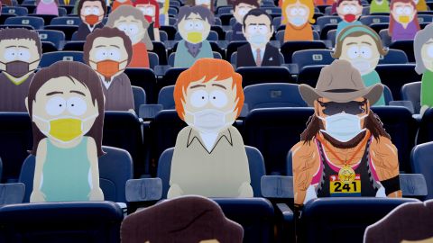 A stand inside Empower Field at Mile High is filled "South Park" characters cutouts for the Denver Broncos game against Tampa Bay Buccaneers at Denver, Colorado on Sunday.