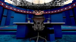 The seat of the Fox News moderator Chris Wallace is seen as preparations are going on at site of the first US Presidential debate is seen on September 28, in Cleveland, Ohio. 
