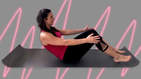 PBS host Stephanie Mansour of "Step It Up With Steph" demonstrates the half roll-down exercise, which helps strengthen your low back.