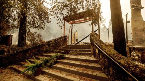 A staircase remains at the Restaurant at Meadowood, which burned in the Glass Fire, in St. Helena, California.