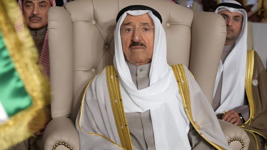 Kuwait's Emir Sheikh Sabah al-Ahmad al-Jaber al-Sabah (C) attends the oppening session of the 30th Arab League summit in the Tunisian capital Tunis on March 31, 2019. (Photo by FETHI BELAID / POOL / AFP)        (Photo credit should read FETHI BELAID/AFP via Getty Images)