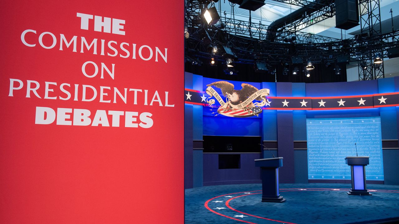 The stage of the first US Presidential debate is seen at Case Western Reserve University and the Cleveland Clinic in Cleveland, Ohio on September 28, 2020. - Tuesday's clash in Cleveland, Ohio, the first of three 90-minute debates, represents the first time voters will have the chance to see the candidates facing off against one another directly. 