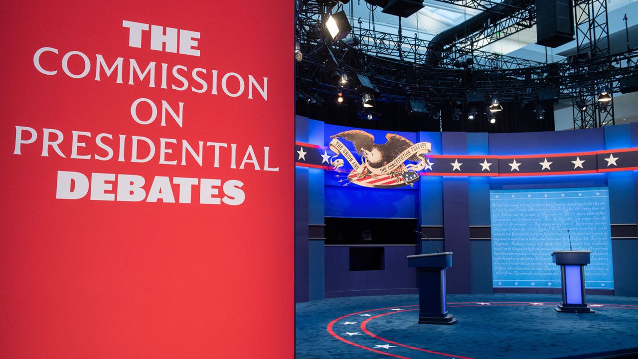 The stage of the first US Presidential debate is seen at Case Western Reserve University and the Cleveland Clinic in Cleveland, Ohio on September 28, 2020. - Tuesday's clash in Cleveland, Ohio, the first of three 90-minute debates, represents the first time voters will have the chance to see the candidates facing off against one another directly.