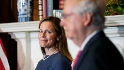 Senate Majority Leader Mitch McConnell of Ky., meets with Supreme Court nominee Judge Amy Coney Barrett on Capitol Hill in Washington, Tuesday, Sept. 29, 2020. (AP Photo/Susan Walsh, POOL)