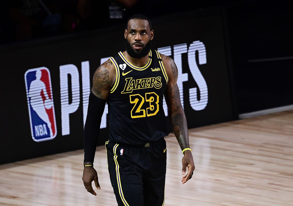 LeBron James reacts during the second quarter against the Houston Rockets in game two of the Western Conference second round during the 2020 NBA Playoffs. 