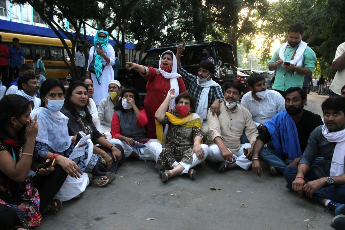 A protest outside the Safdarjung Hospital on Sept. 29, 2020 in New Delhi, where a 19-year-old woman died two weeks after being gang-raped.