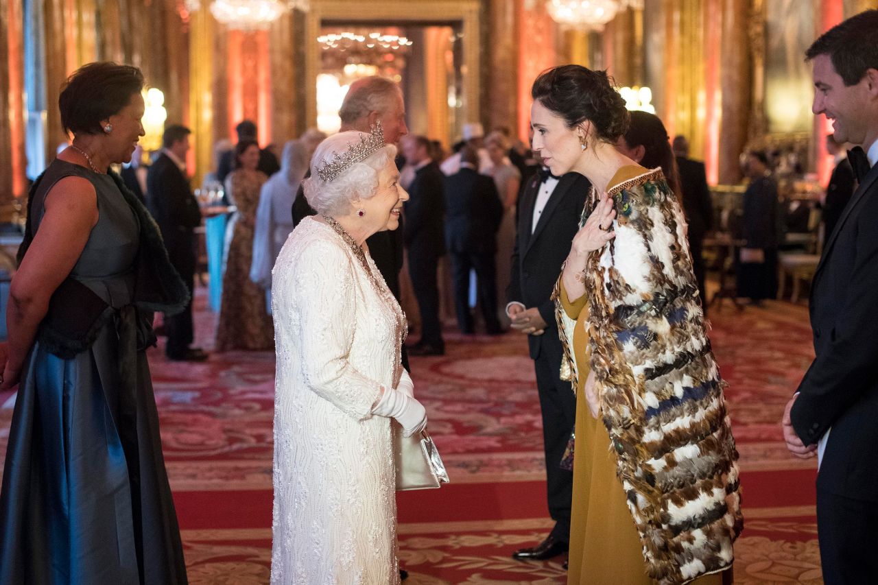 Queen Elizabeth II greets Jacinda Ardern at Buckingham Palace on April 19, 2018 in London, England. Ardern wears a kahu huruhuru, a traditional Māori garment worn on special occasions. 