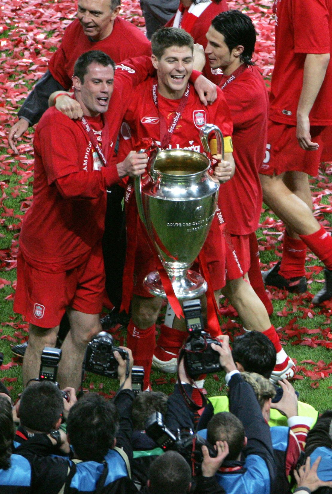 Jamie Carragher celebrates Liverpool's Champions League triumph in 2005 with Steven Gerrard.
