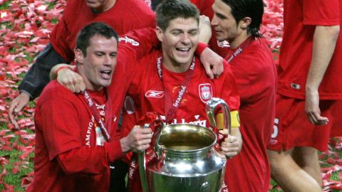 Jamie Carragher celebrates Liverpool's Champions League triumph in 2005 with Steven Gerrard.