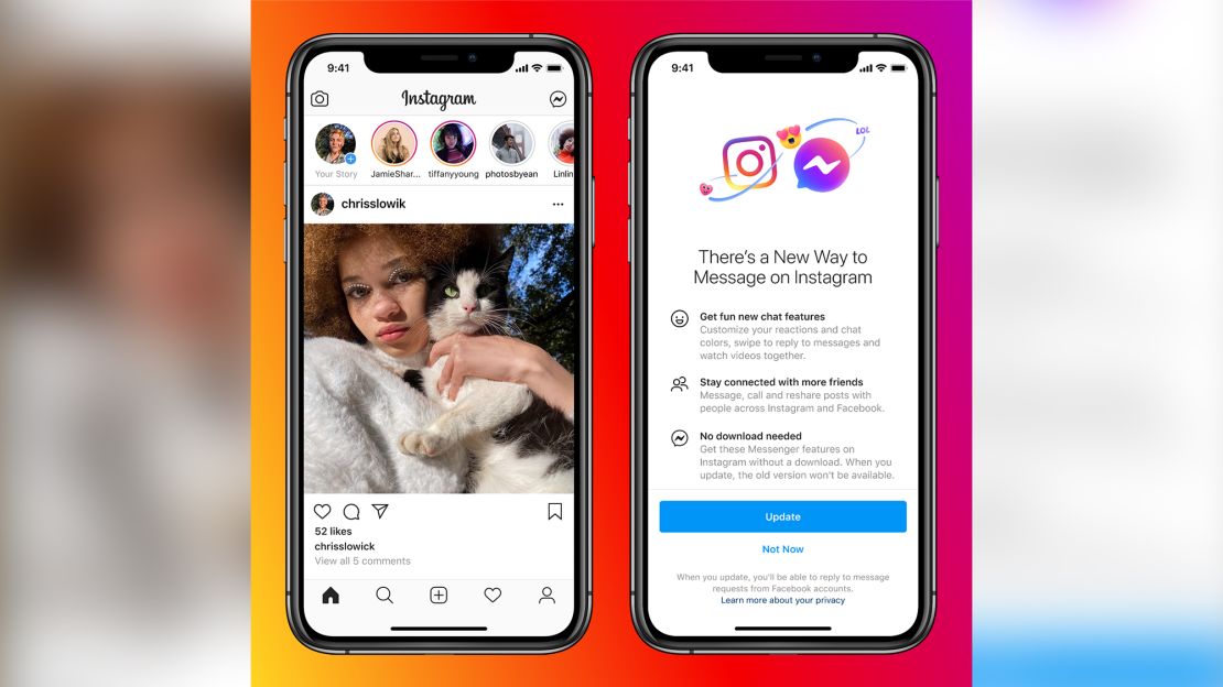 Instagram users will have to opt-in to the ability to chat with people on Messenger. 