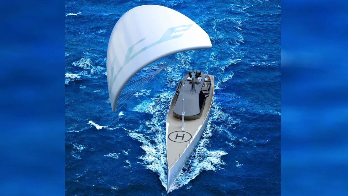 The designers of Ice Kite have incorporated kite sailing into the yacht to improve its fuel efficency.