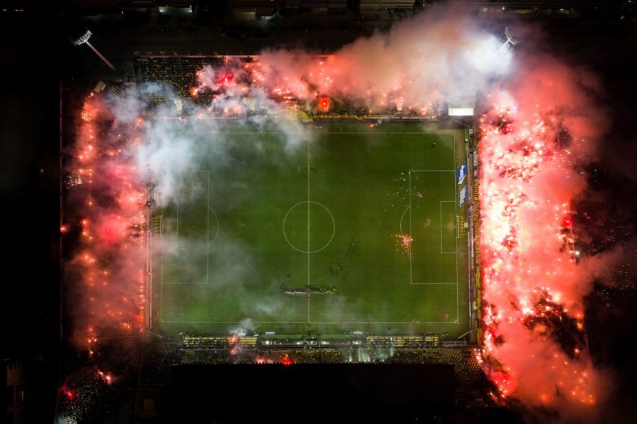 Greece's Kleanthis Vikelidis stadium was captured in flames by Dimitris Tosidis.
