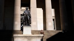 A 1883 bronze statue of the first President of the United States, George Washington, overlooks Wall Street and the New York Stock Exchange from Federal Hall on September 28, 2020 in New York City. George Washington was inaugurated President here in 1789 when New York City was the capital of the United States before it was moved in 1790 to Philadelphia, Pennsylvania. (Photo by Robert Nickelsberg/Getty Images)