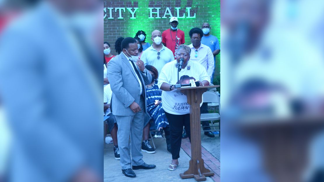 Betty Lewis, wife of the late Julian Lewis, speaks at a candlelight vigil in his honor held in downtown Sylvania, Georgia on August 14, 2020.