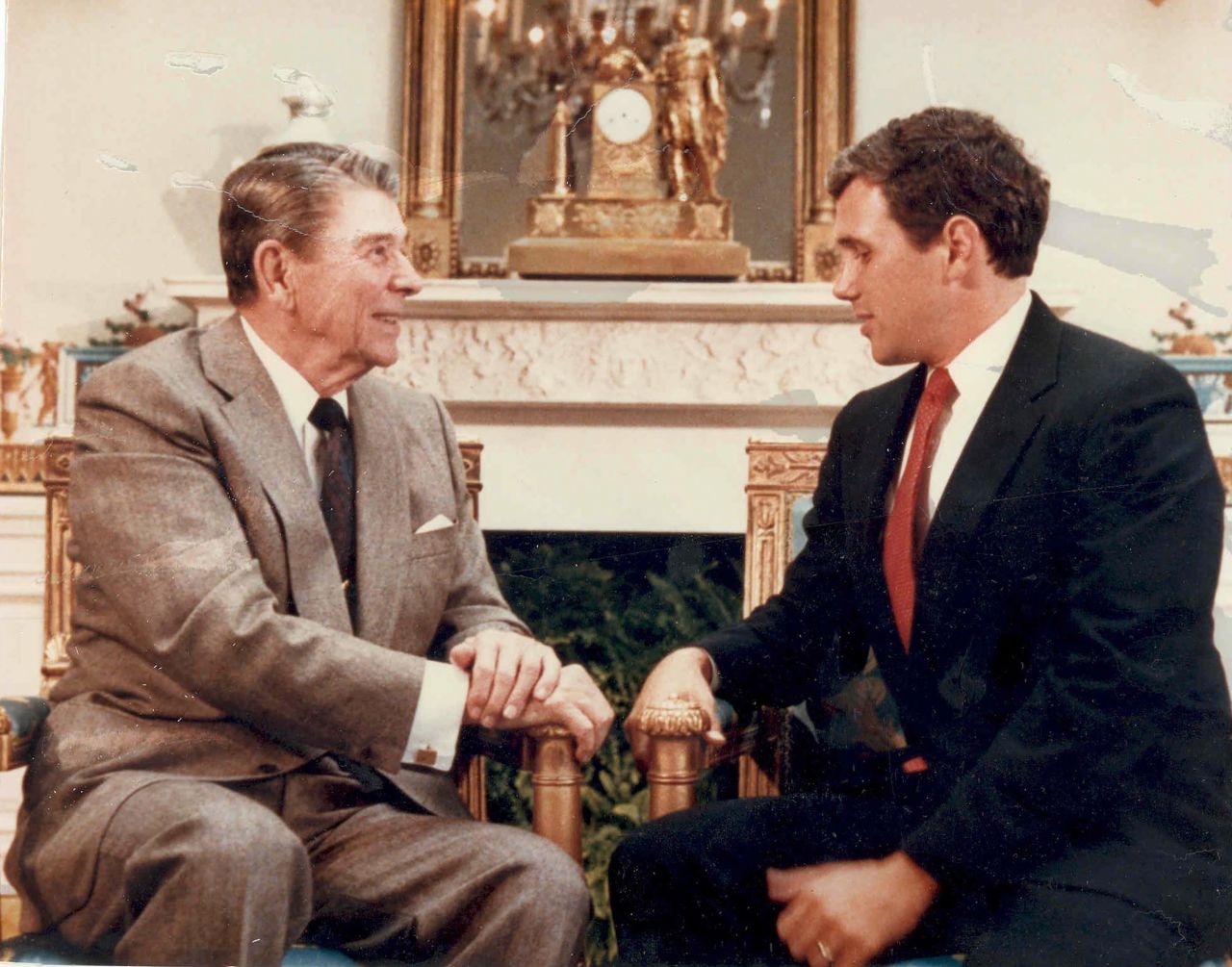 Pence meets with President Ronald Reagan while running for Congress in 1988. He lost that race and another one in 1990. After his second loss, Pence became president of the Indiana Policy Review Foundation, a conservative think tank. From 1993-1999, he hosted a syndicated talk radio show in which he described himself as Rush Limbaugh on decaf.