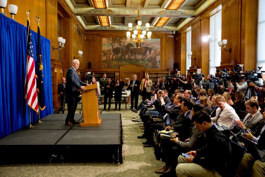 Pence holds a news conference in Indianapolis in March 2015. Pence spoke about the state's Religious Freedom Restoration Act, which banned local governments from intervening when businesses turn away customers for religious reasons. The law sparked concern about discrimination, particularly within the LGBT community. A week after it was enacted, Pence signed a new version that prohibited discrimination on the basis of sexual orientation.